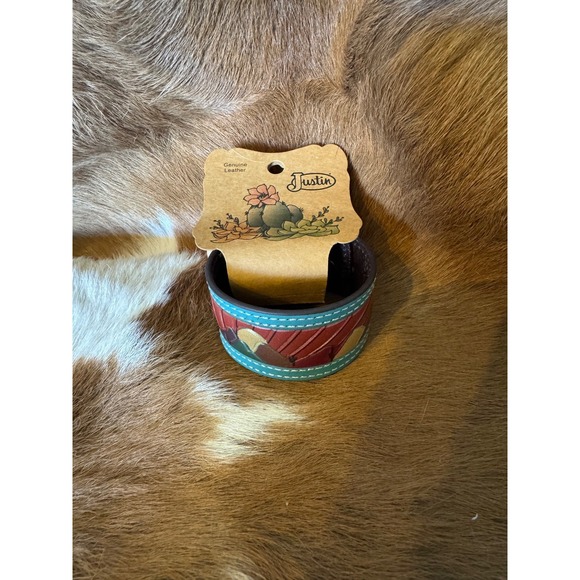 Justin Tooled Leather Cuff Bracelet Mountain Sunset Design Adjustable - New - Picture 1 of 2